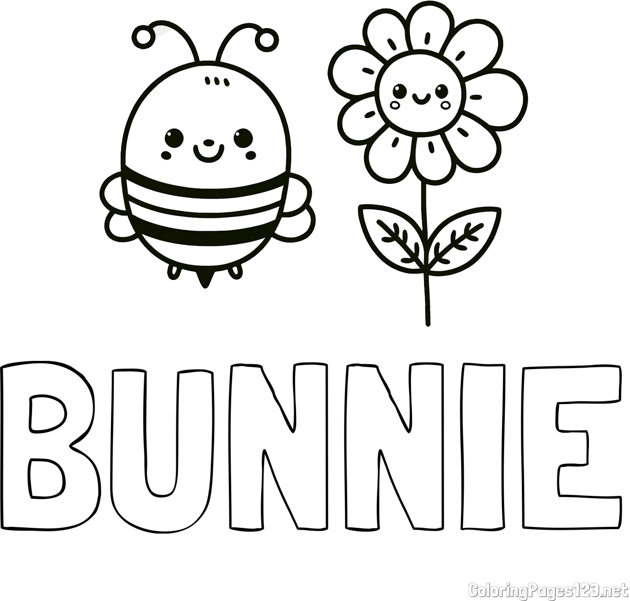 BUNNIE Coloring Page and Coloring Page of a Cute Bee and Smiling Flowers