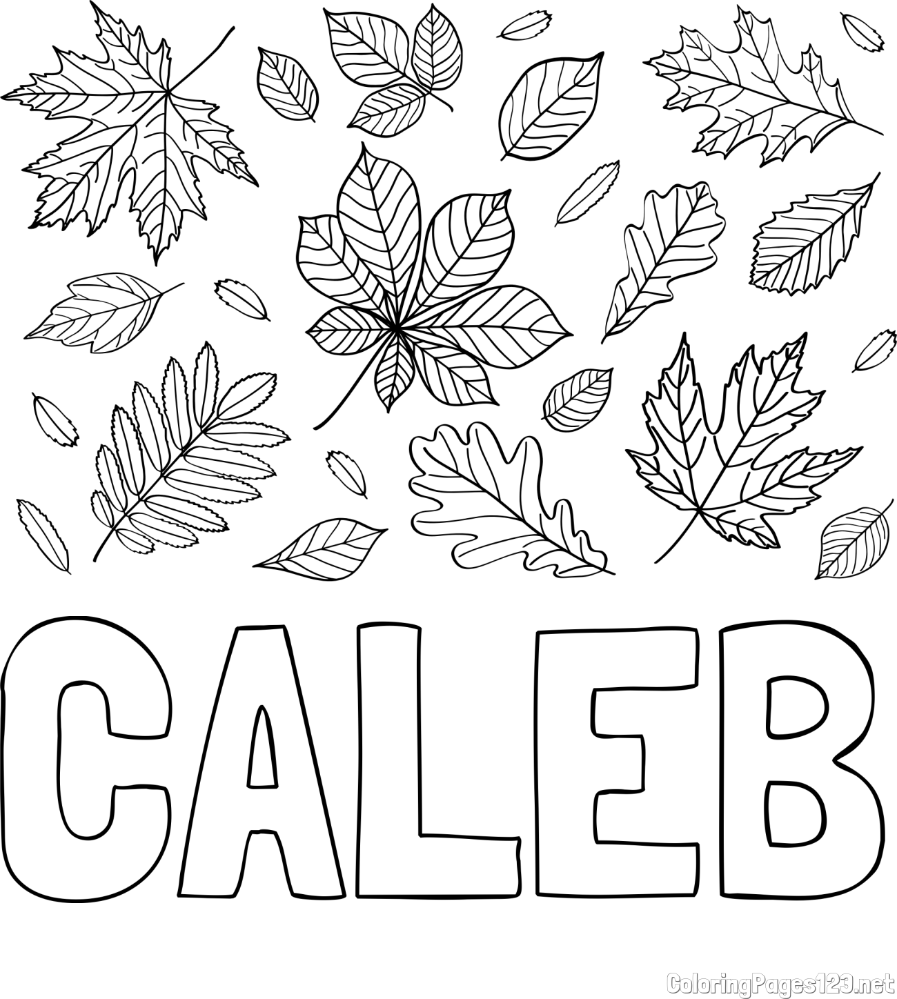 CALEB Coloring Page and Autumn Leaves Coloring Page