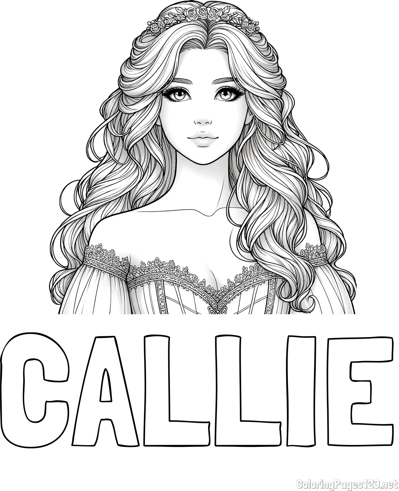 CALLIE Coloring Page and Coloring Page of a Cute Realistic Princess