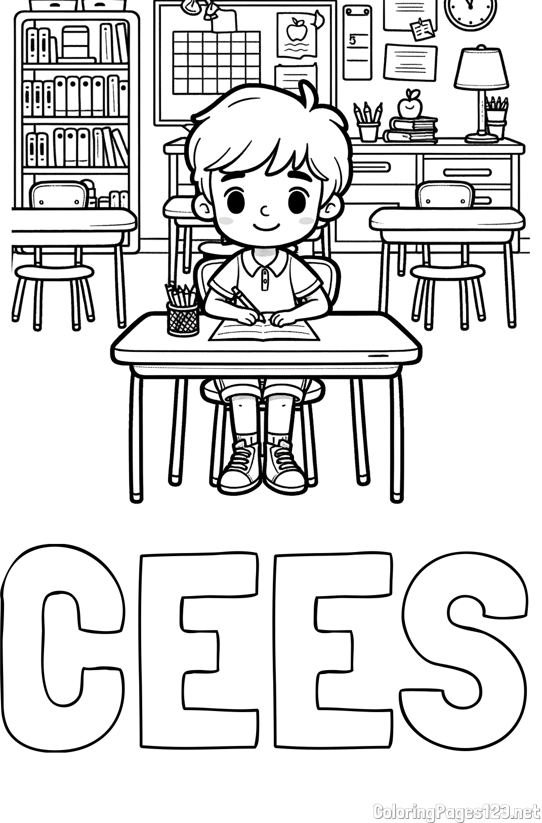 CEES Coloring Page and Cute Student in Class Coloring Page