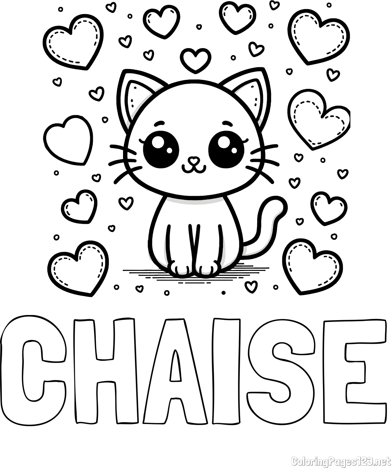 CHAISE Coloring Page and Free Coloring Page of a Cat and Hearts