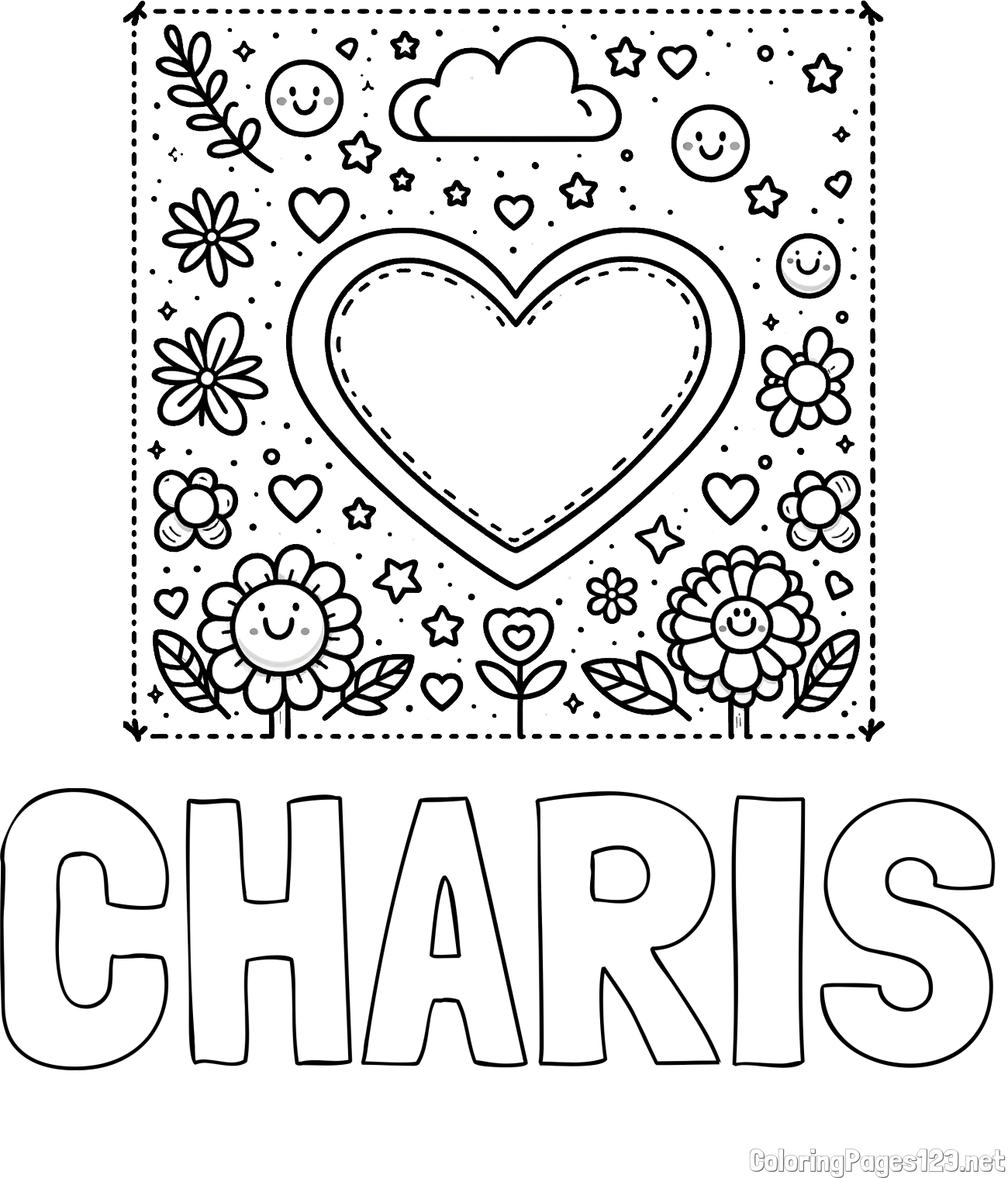 CHARIS Coloring Page and Free Printable Coloring Page of Heart and Flowers