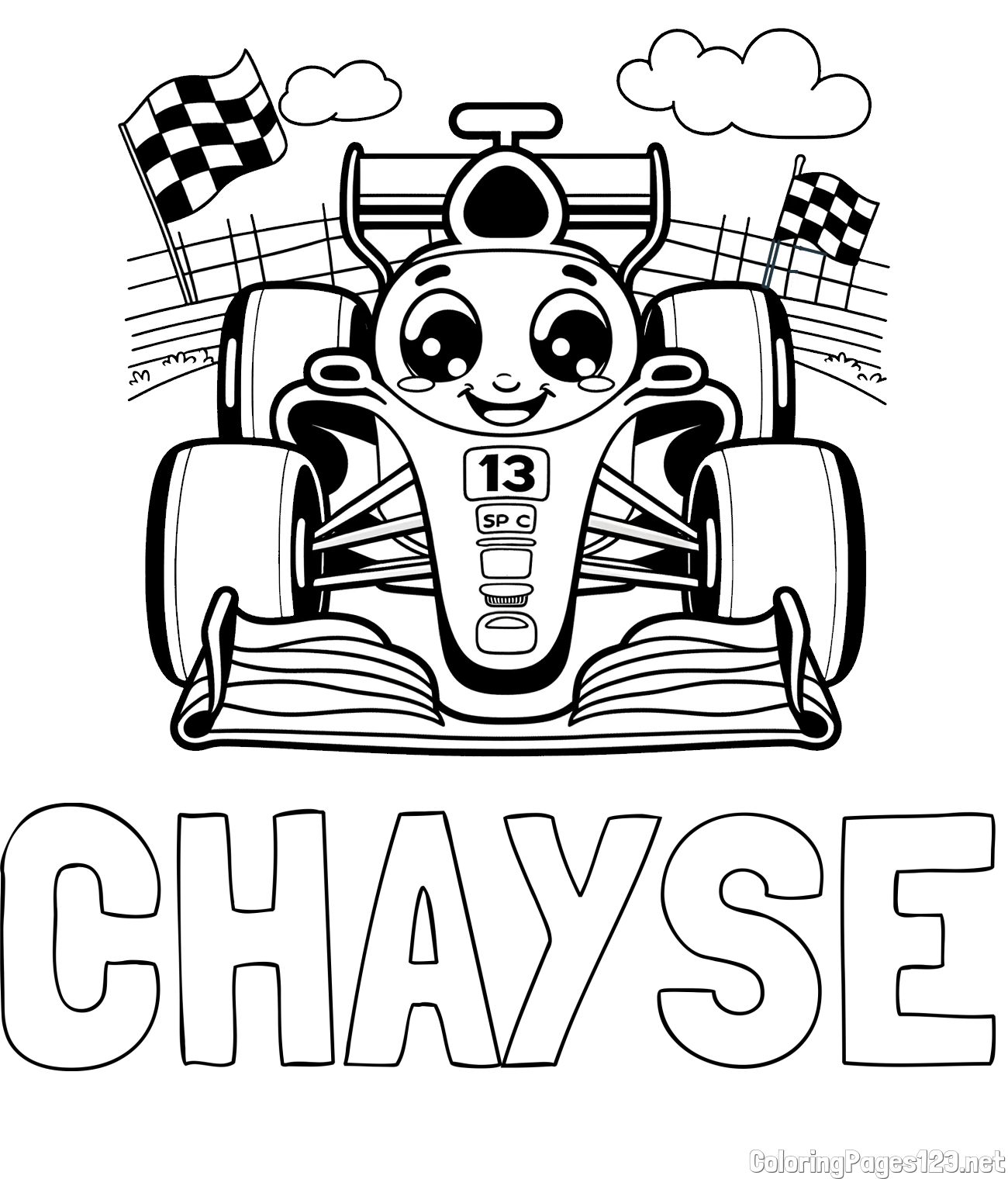 CHAYSE Coloring Page and Children's Coloring Page of a Smiling Formula One Car