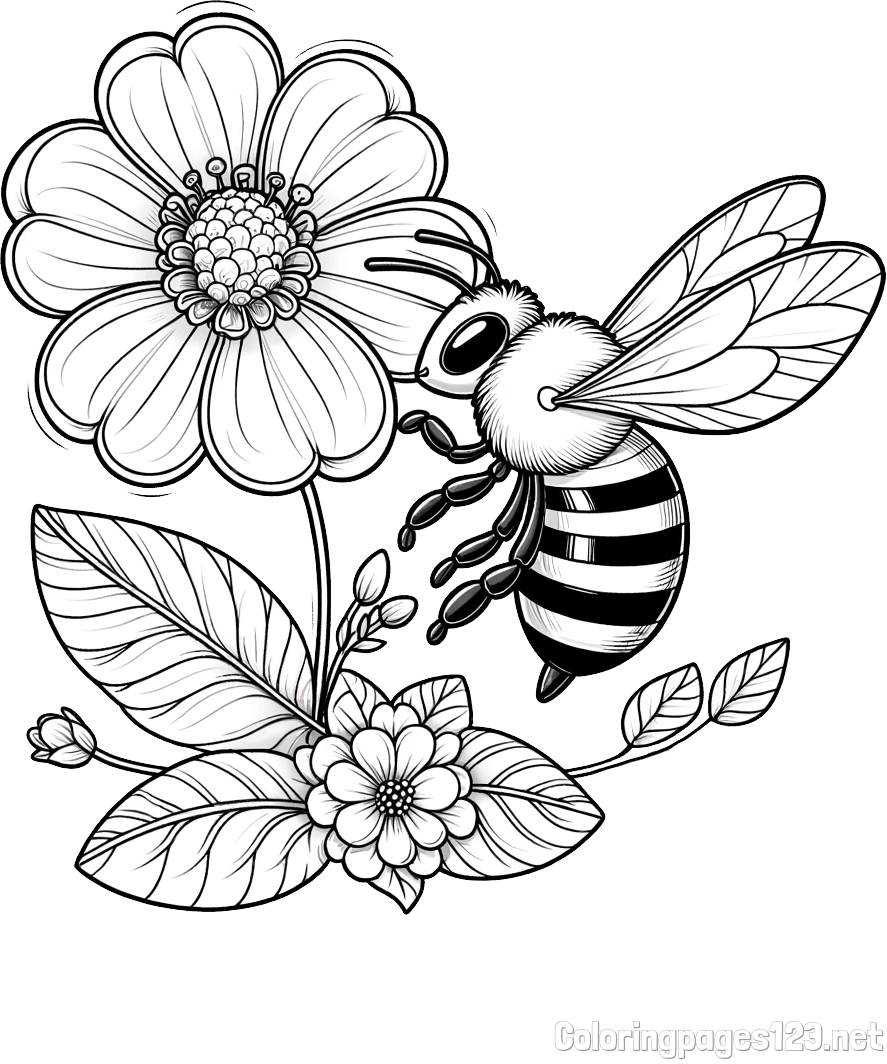 Children's Coloring Book of a Little Bee and Flowers