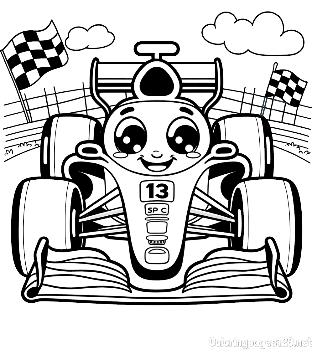 Children's Coloring Page of a Smiling Formula One Car