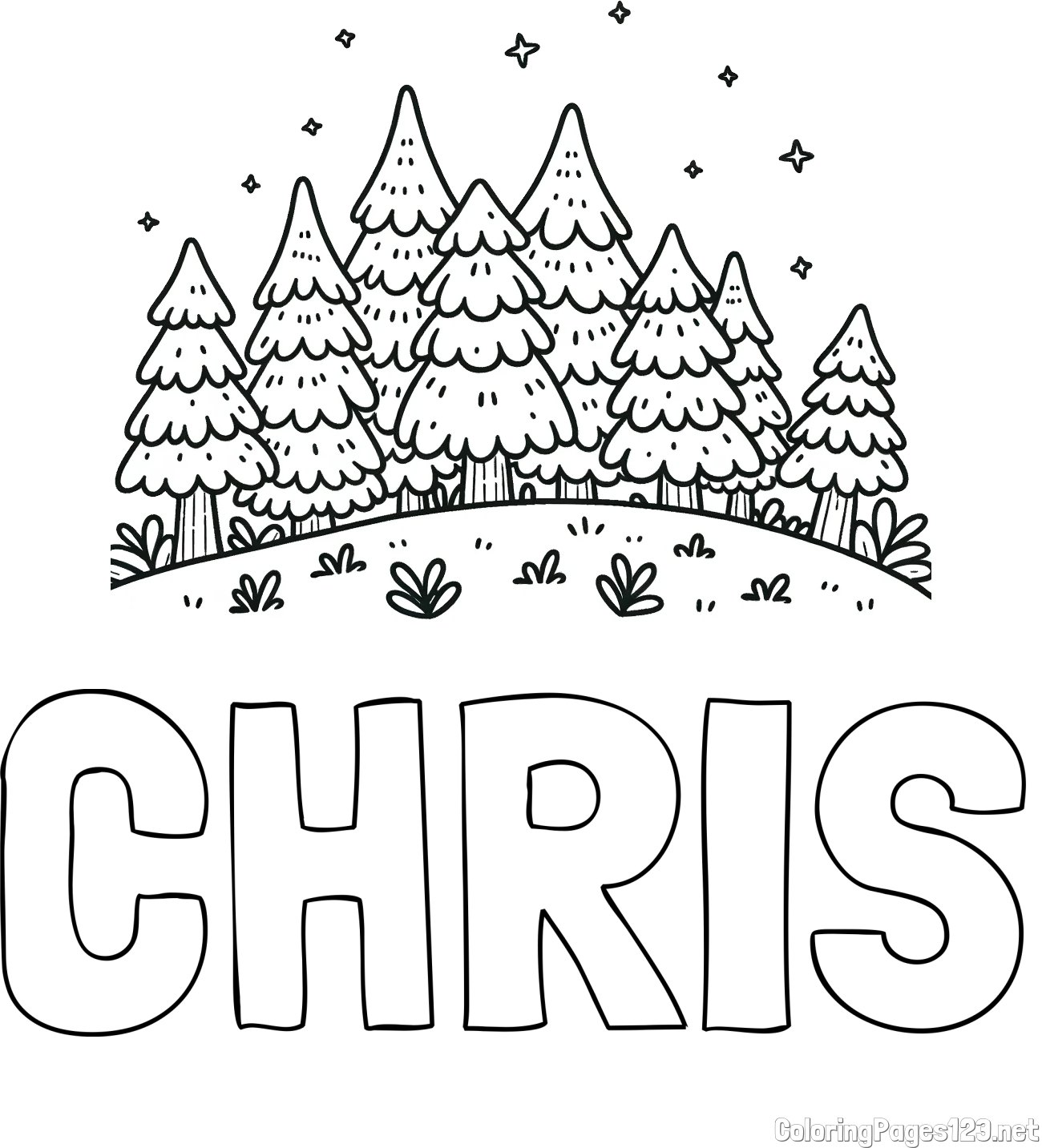 CHRIS Coloring Page and Spruce Forest Coloring Page for Kids