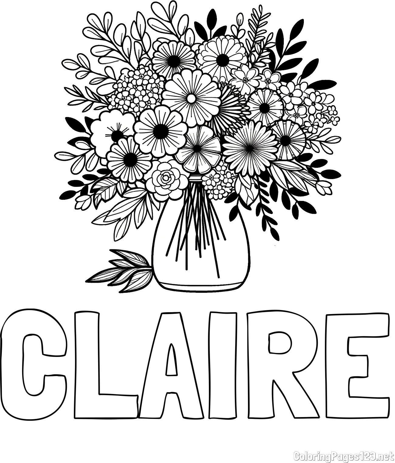 CLAIRE Coloring Page and Flower Bouquet Coloring Page
