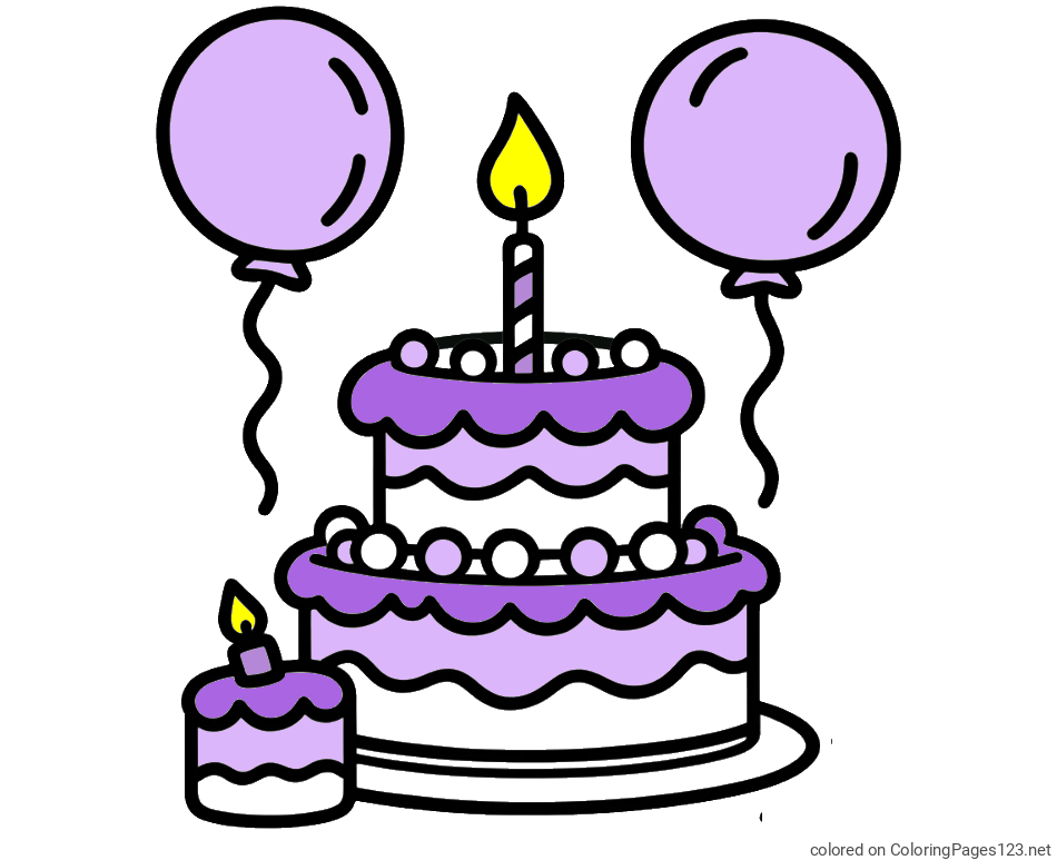 Colored coloring page - Birthday Cake Coloring Page with Balloons