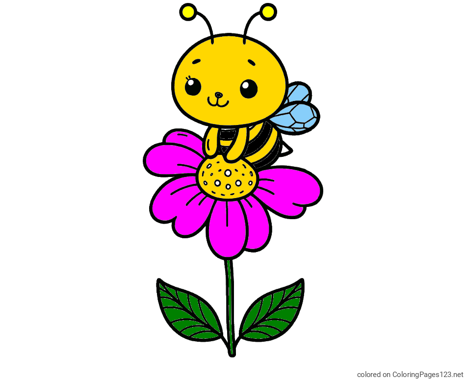 Colored coloring page - Coloring Page of a Cute Bee on a Flower