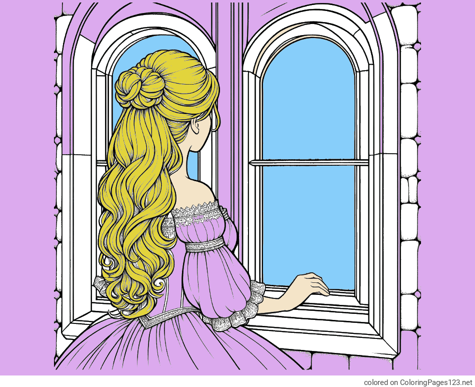 Colored coloring page - Coloring Page of a Princess Looking Through a Window