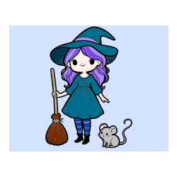 Pobarvana pobarvanka - Coloring Page of a Witch with a Broom and a Mouse