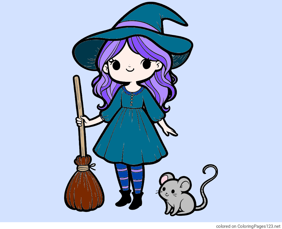 Colored coloring page - Coloring Page of a Witch with a Broom and a Mouse