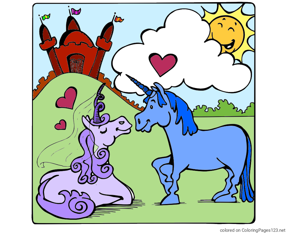 Colored coloring page - The Coloring Page of Love-Struck Unicorns