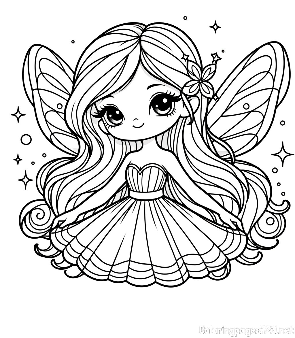 Coloring Page of a Cute and Smiling Magical Fairy