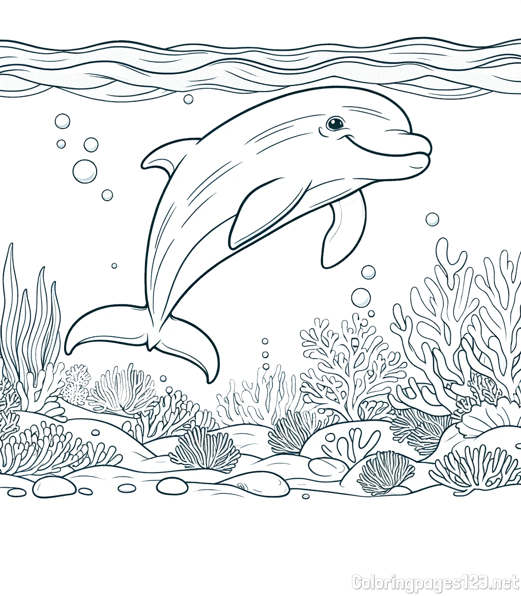Coloring Page of a Cute Dolphin Swimming in the Sea