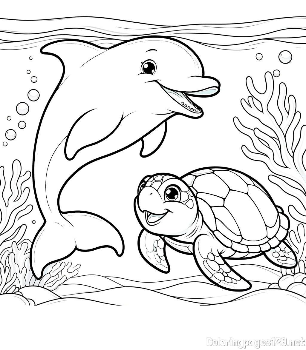 Coloring Book of a Cute Dolphin with a Turtle in the Sea
