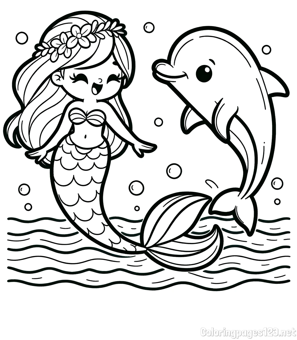 Coloring Page of a Cute Mermaid Dancing with a Dolphin