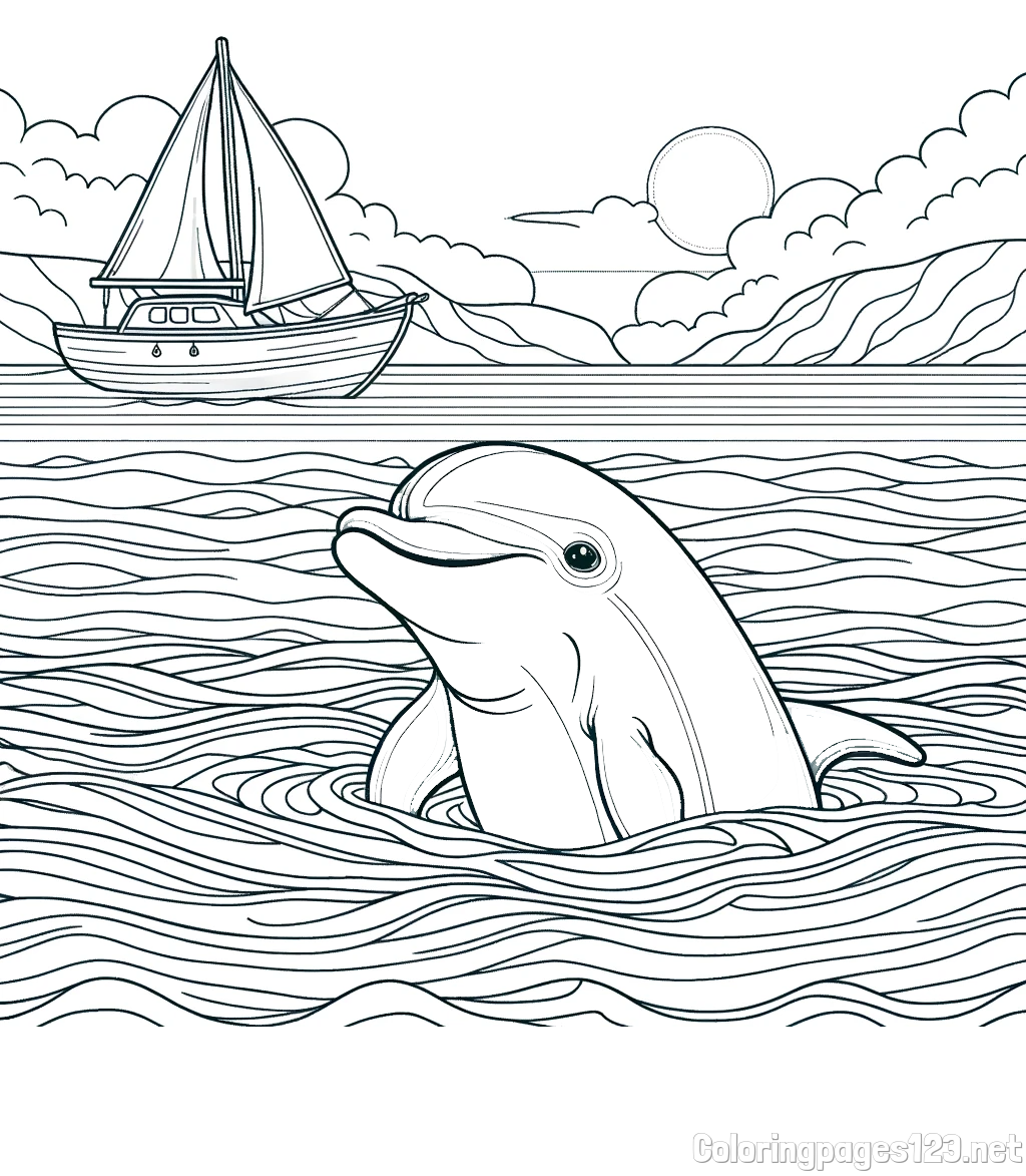 Coloring Page of a Dolphin in the Sea and a Sailboat