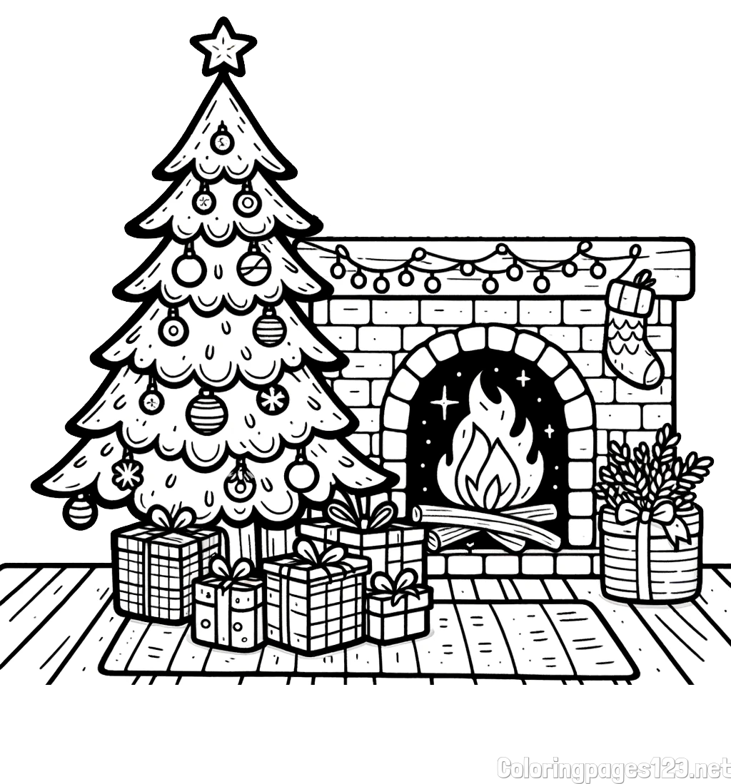 Coloring Page of a Christmas Tree with Presents and a Fireplace