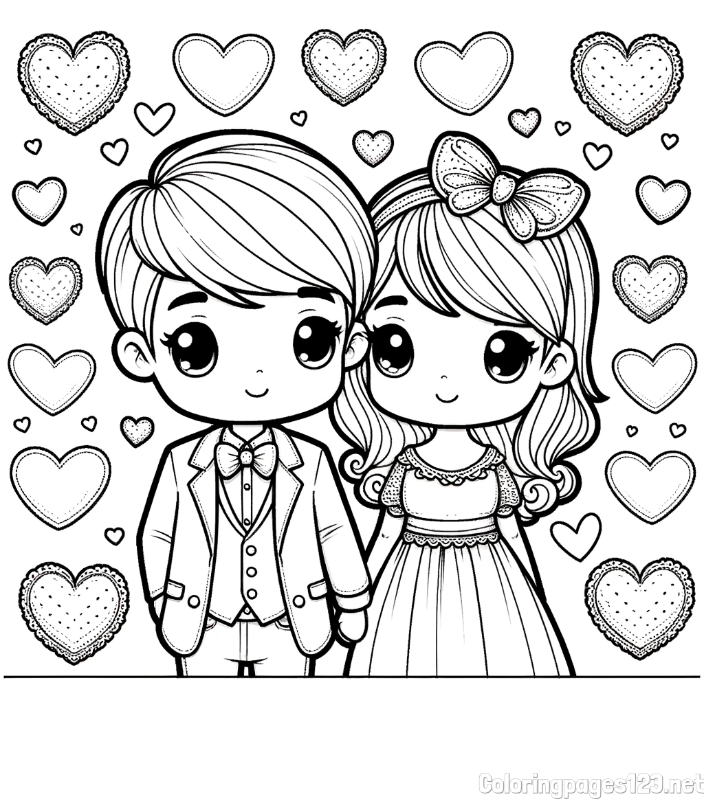 Coloring Page of a Couple Surrounded by Hearts