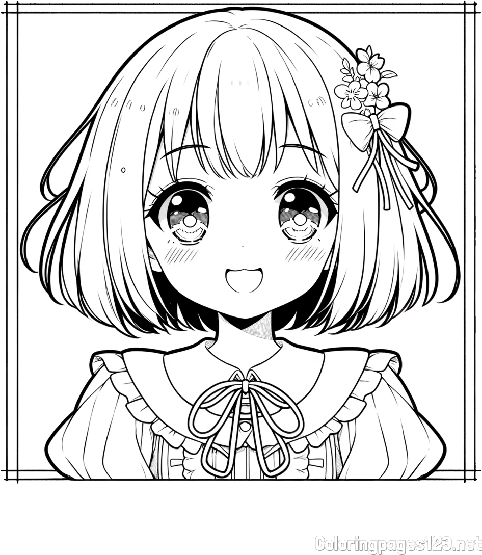 Coloring Page of a Cute an Smiling Anime Girl