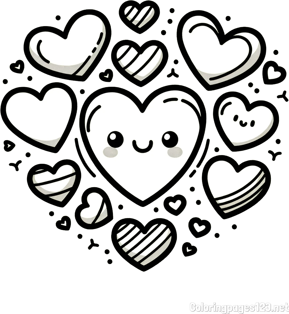 Coloring Page of a Cute Cat Surrounded by Hearts