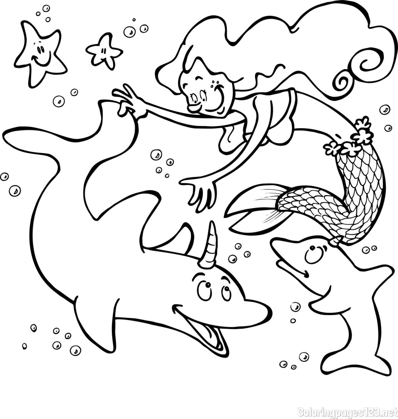 Coloring Page of a Mermaid Playing with Dolphins