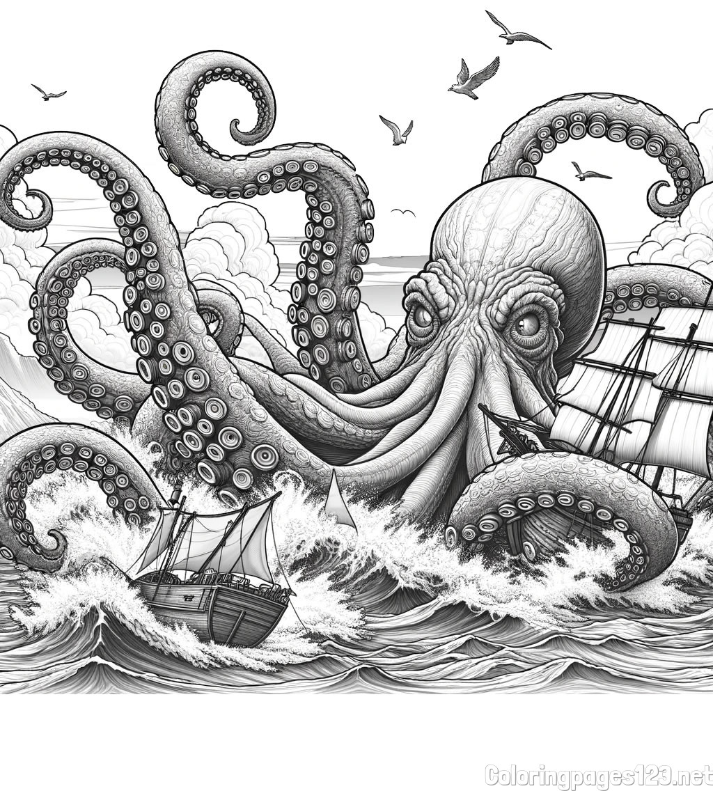 Coloring Page of a Mythical Realistic Octopus
