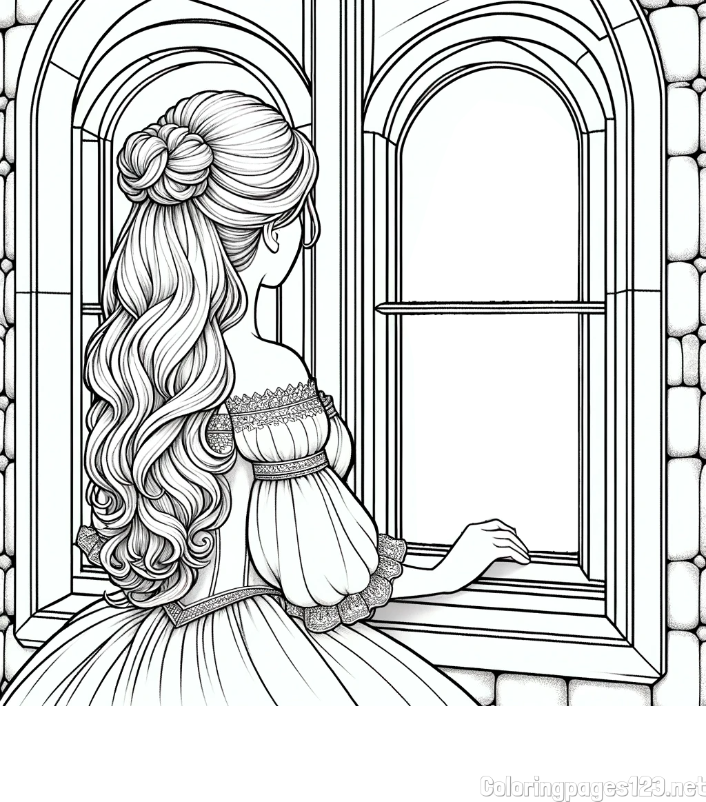 Coloring Page of a Princess Looking Through a Window