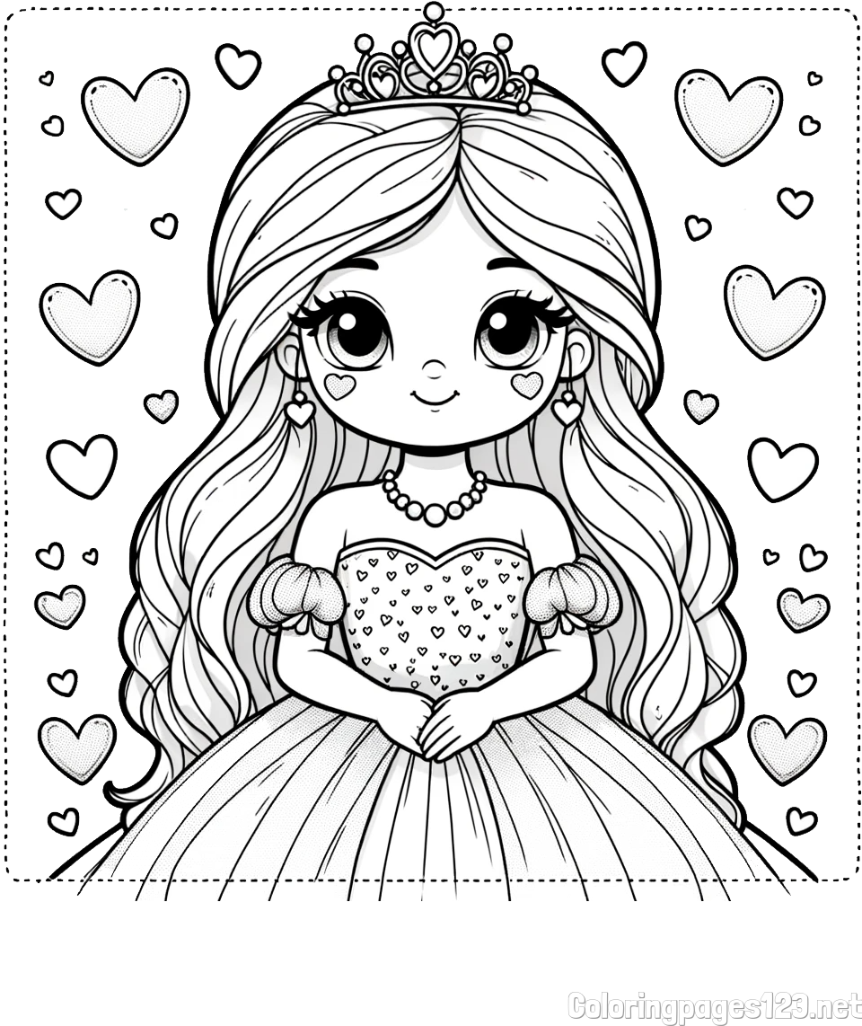 Coloring Page of a Princess Surrounded by Hearts