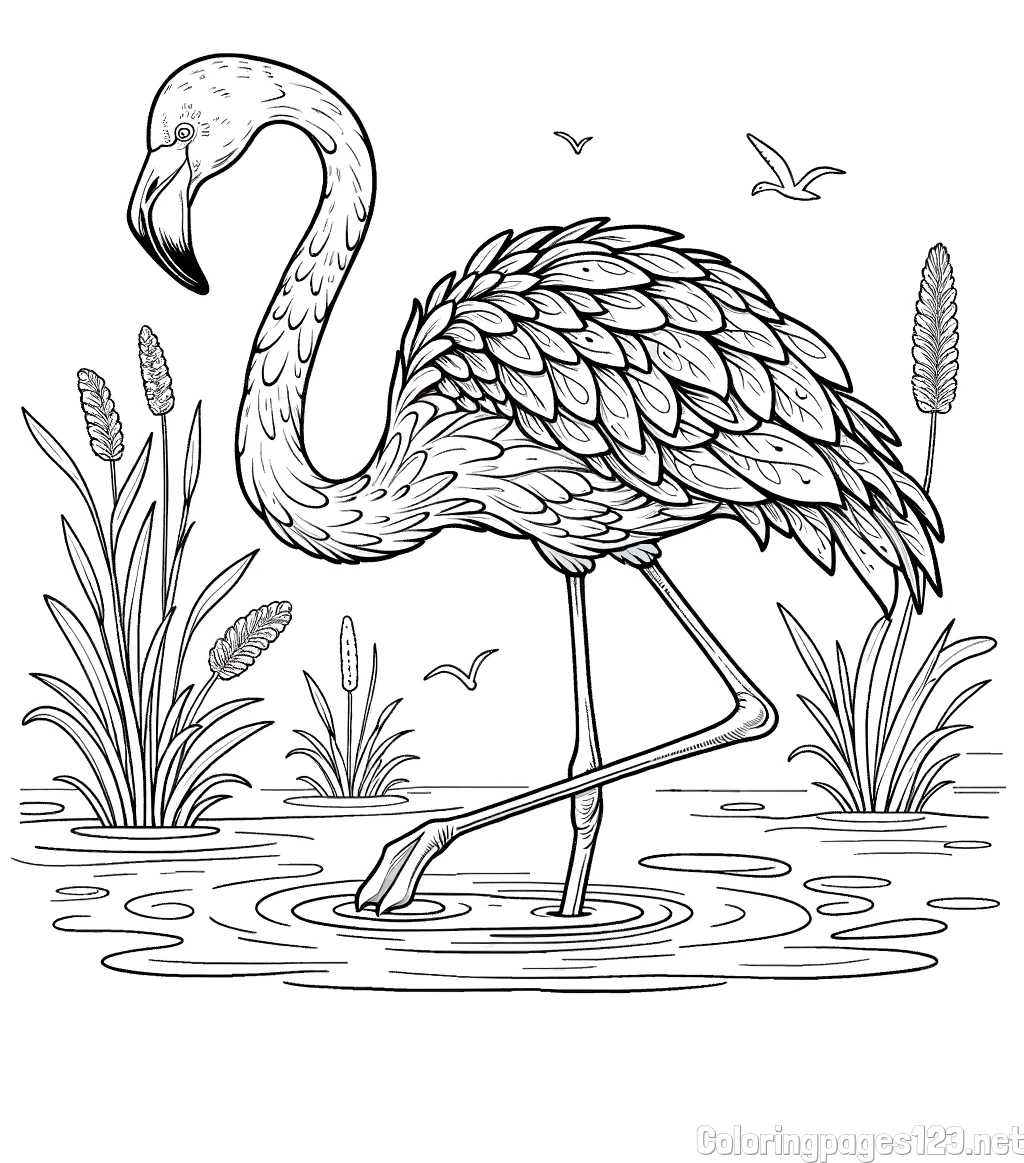 Coloring Page of a Realistic Flamingo