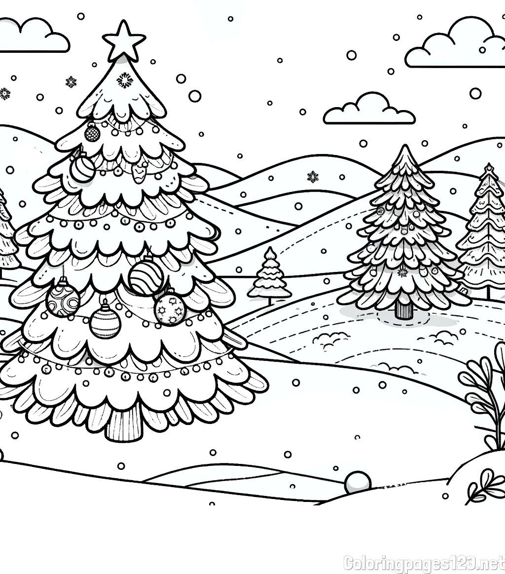 Coloring Page of a Snowy Landscape and a Christmas Tree