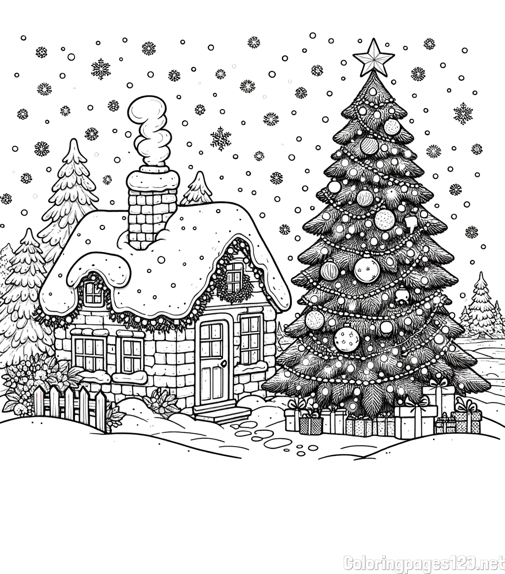 Coloring Page of a Snowy Landscape with a House and a Christmas Tree