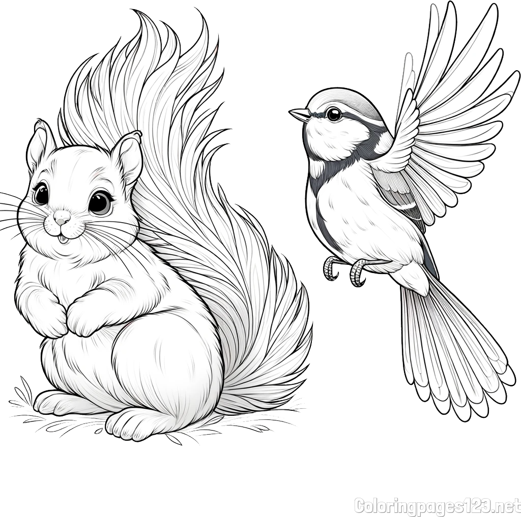Coloring Page of a Squirrel and a Bird