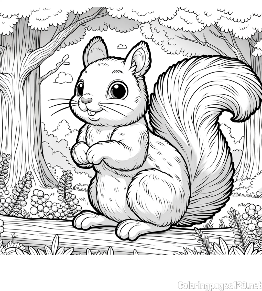 Coloring Page of a Squirrel in a Forest