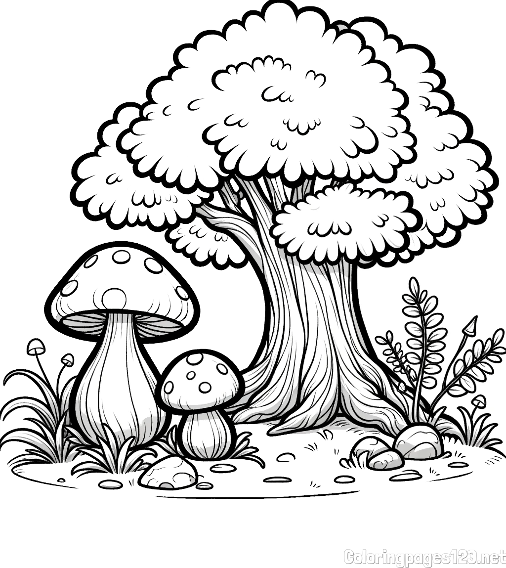 Coloring Page of Two Mushrooms and a Big Tree