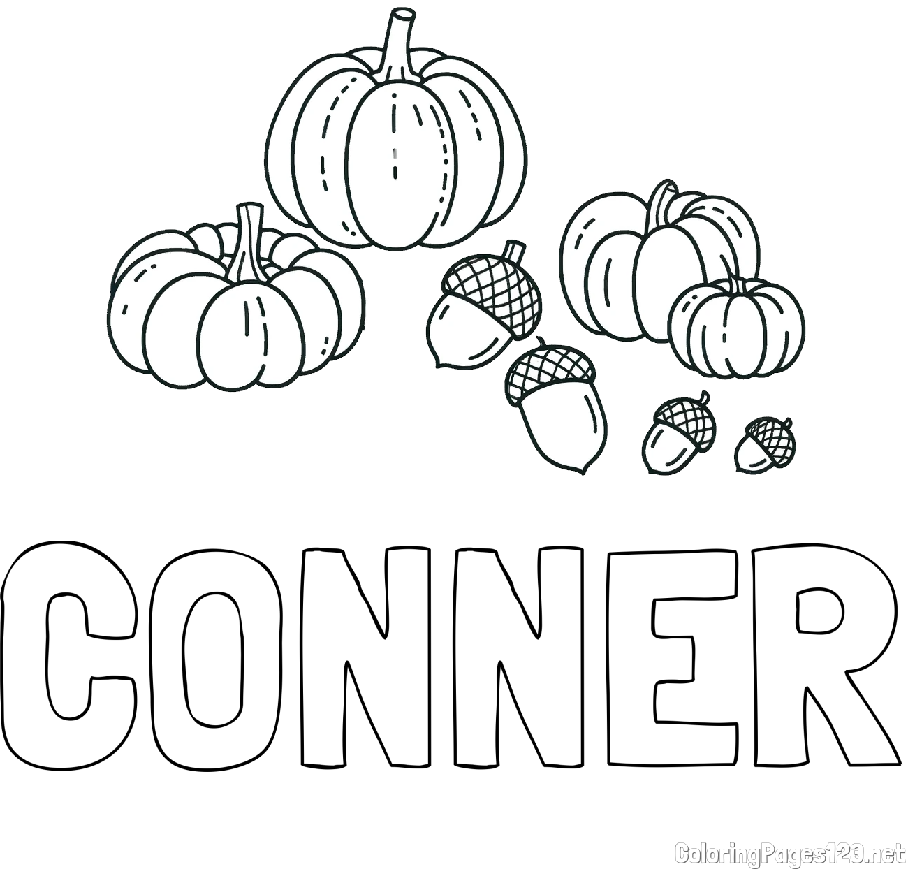 CONNER Coloring Page and Autumn Harvest Coloring Page - Acorns and Pumpkins