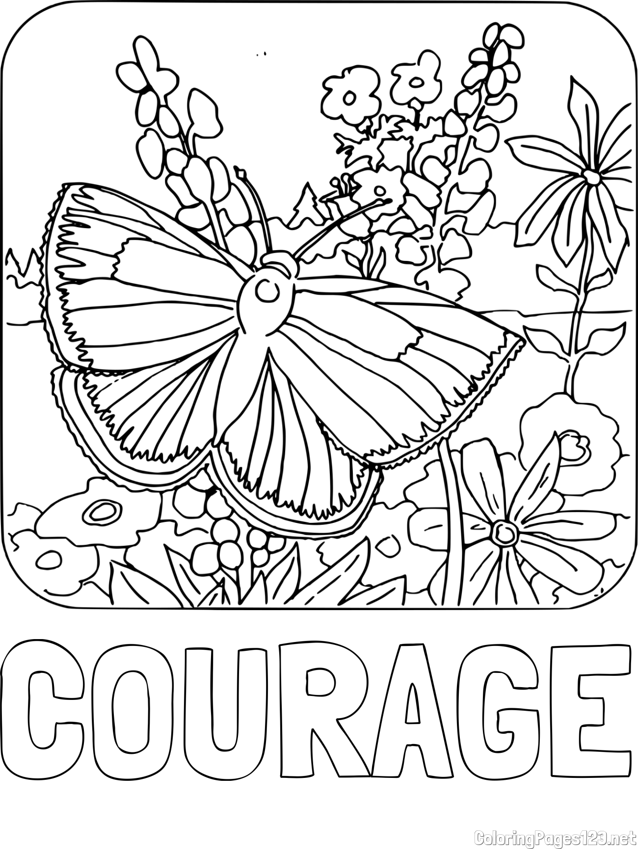 COURAGE Coloring Page and Butterfly on Flower Coloring Page