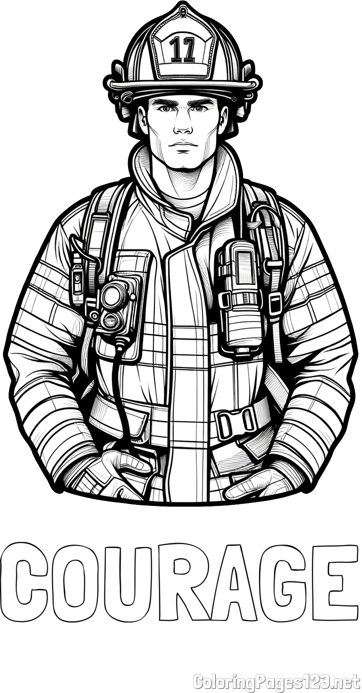 COURAGE Coloring Page and Coloring page of a firefighter (realistic)