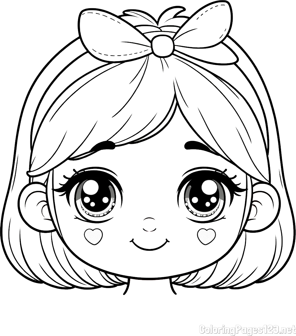 Cute Girl Face with Bow in Hair Coloring Page