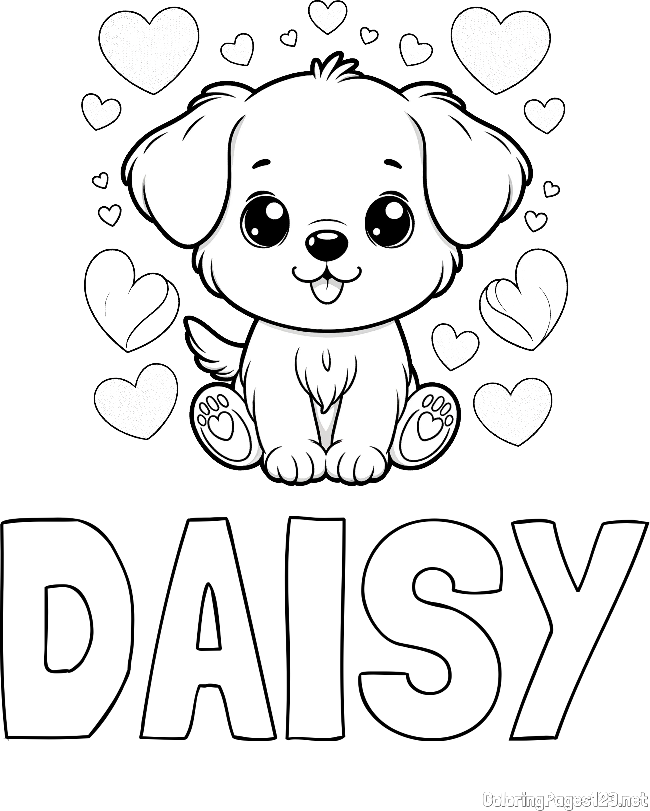 DAISY Coloring Page and Coloring Page of a Cute Dog and Hearts