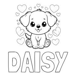 DAISY Coloring Page and Coloring Page of a Cute Dog and Hearts