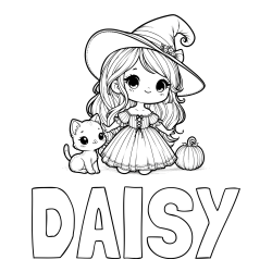 DAISY Coloring Page and Coloring Page of a Cute Witch and a Cat