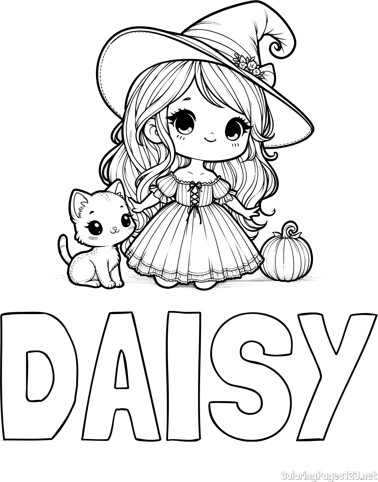 DAISY Coloring Page and Coloring Page of a Cute Witch and a Cat