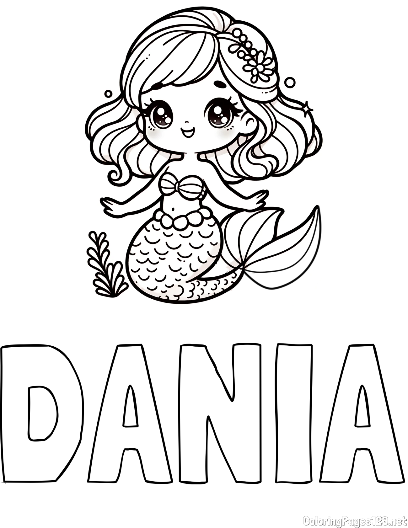 DANIA Coloring Page and Coloring Page of a Charming Mermaid