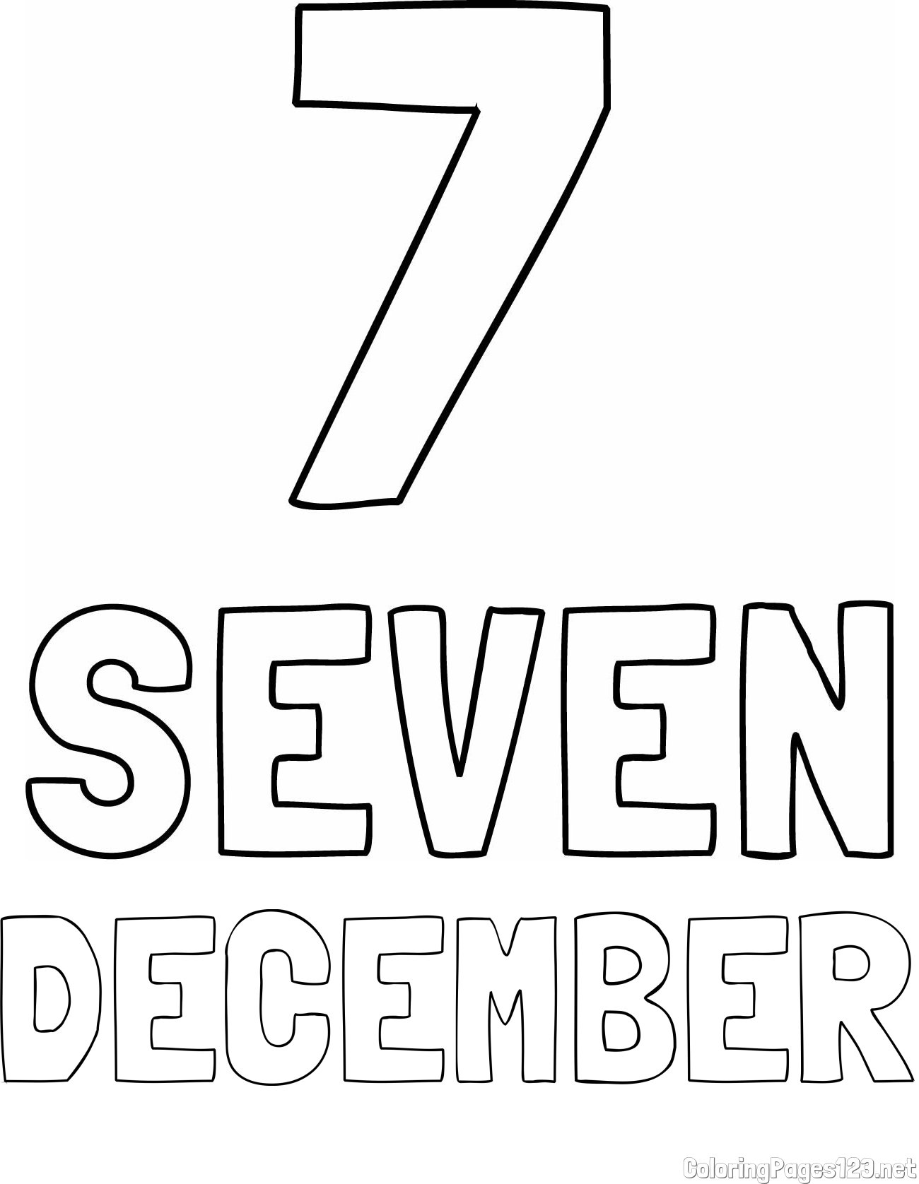 DECEMBER Coloring Page and Coloring of the Number Seven (7) with the Written Name