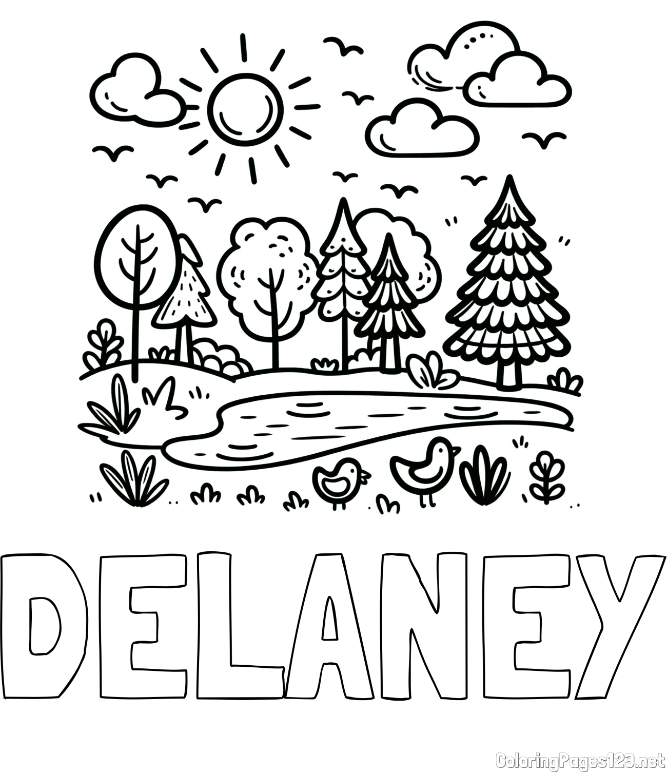 DELANEY Coloring Page and Summer Coloring Page - Pond, Ducks and Forest
