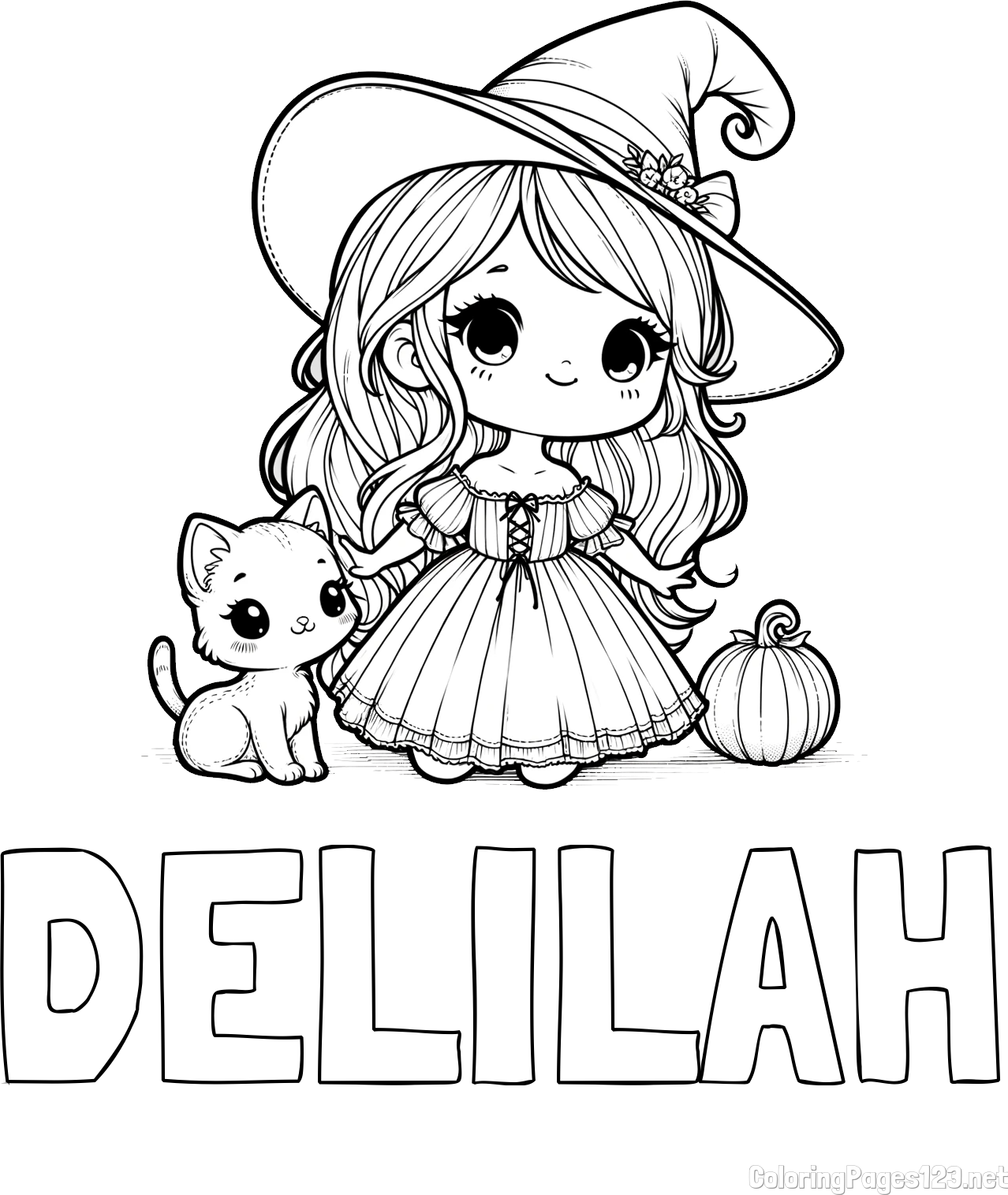 DELILAH Coloring Page alongside Coloring Page of a Cute Witch and a Cat