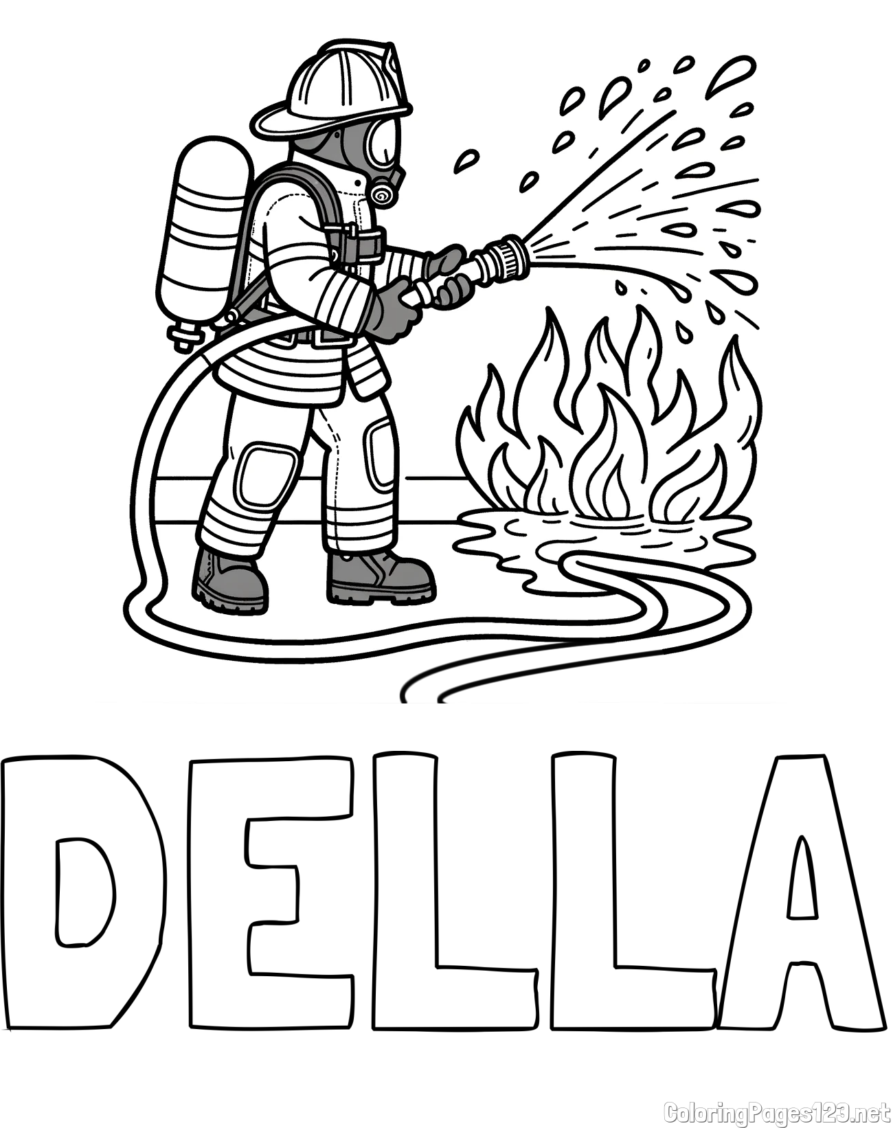 DELLA Coloring Page and A coloring page of a firefighter and a big fire