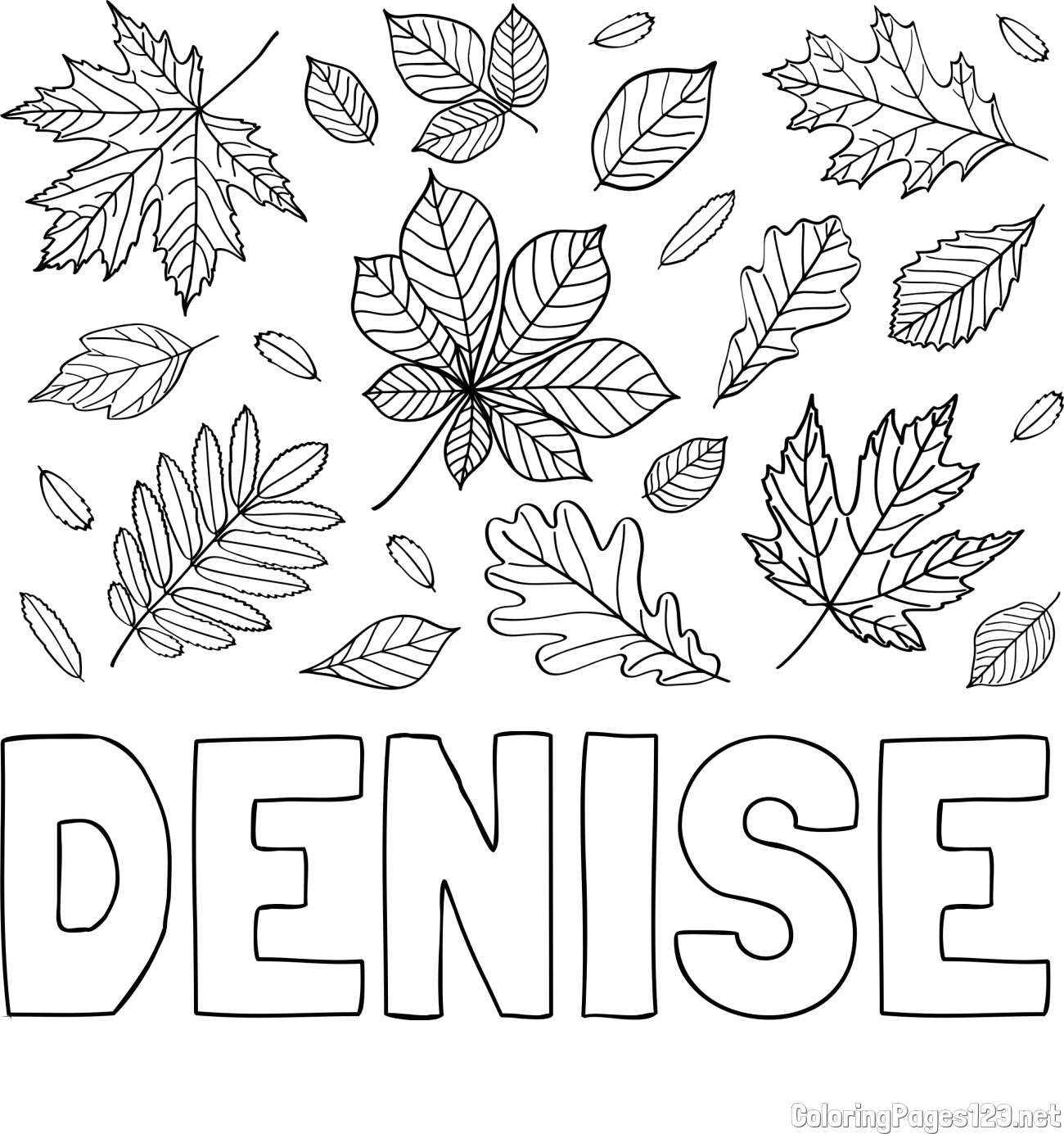 DENISE Coloring Page and Autumn Leaves Coloring Page